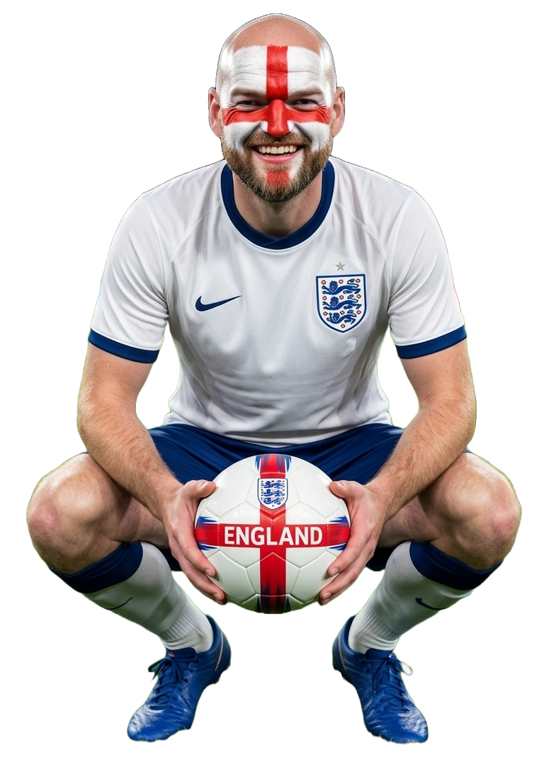 Stevie, the sweepstake organiser, in an England shirt holding a football